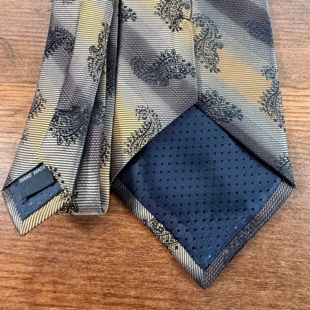 Vintage Studio Milano Handmade Gold Striped Paisley Silk Blend Necktie